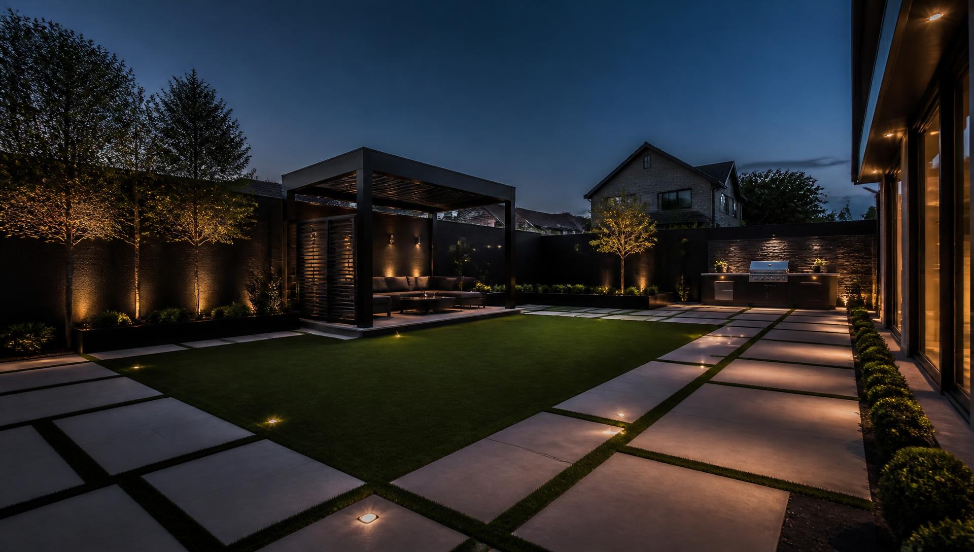 Finished luxury backyard with artificial turf and paver patio at dusk